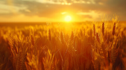 Golden Field Sunset: The setting sun bathes a wheat field in warm light, capturing the essence of a peaceful countryside evening in a photo realistic concept on Adobe Stock.