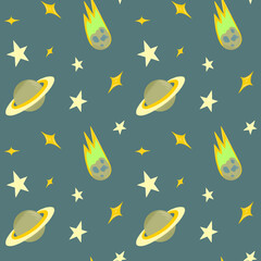 Space colored objects, seamless pattern. Fairytale pattern for children, gray background.