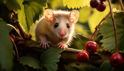 Edible Dormouse perched on a branch, surrounded by ripe berries