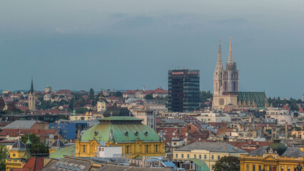 Zagreb cathedral and modern skyscraper with a old city panorama day to night timelapse