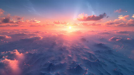 High Altitude Sunset View: A picturesque photo realistic depiction of a sunset captured from the skies above, showcasing stunning landscapes below.