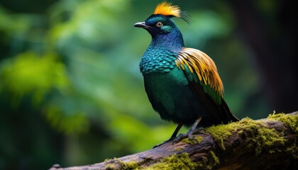 A vibrant Himalayan Monal bird perched on a tree branch in its natural habitat