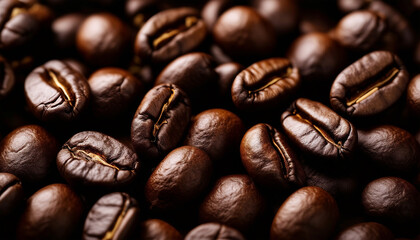 Obraz premium roasted arabica coffee beans top view, dark wooden background, copy space for text 
