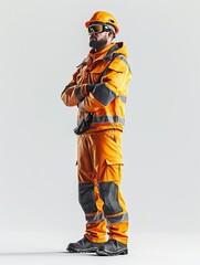 A construction worker in full protective gear, including a hard hat, safety glasses, and reflective clothing