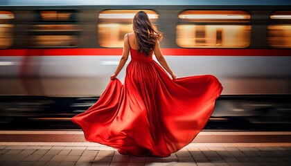 Back view of a beautiful young woman in long red dress waiting for the train. Her hair and long dress are moved by the wind caused by the train that passes very fast in front of her. Generative Ai.