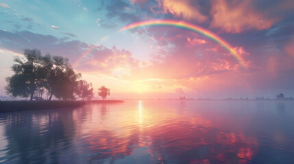 Early Morning Serenity: Lakefront Rainbow Symbolizing Peace and New Beginnings