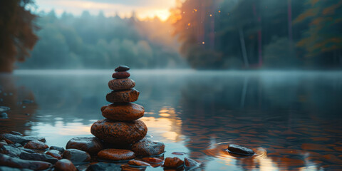 Obraz premium Tranquil Lake Scene with Stone Stack at Sunset