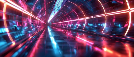 A long, futuristic tunnel with bright neon lights