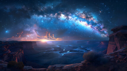 Stunning Photo Realistic Milky Way Arch Over Canyon Capturing Celestial Beauty in Night Sky   Stock Photo Concept