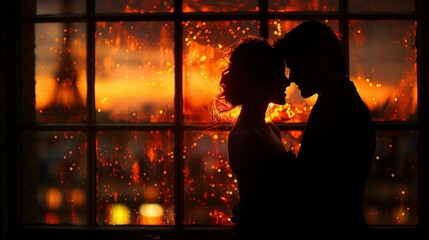 a couple kissing in front of a window with fire in the background. AI generate illustration