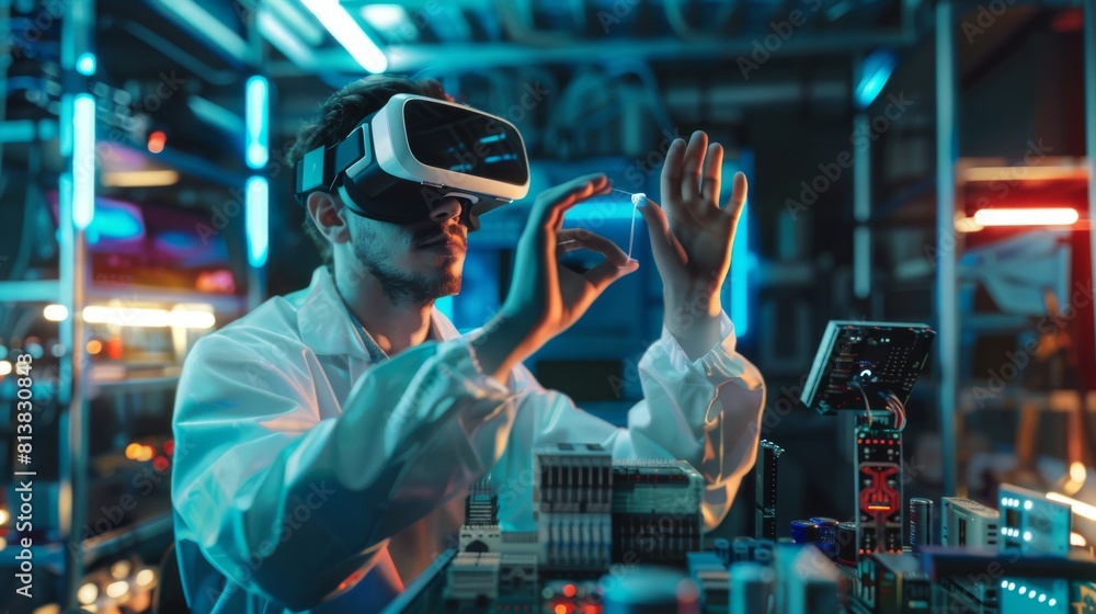 Poster futuristic electronics facility mock-up: man using virtual reality to control pcb, silicon microchip