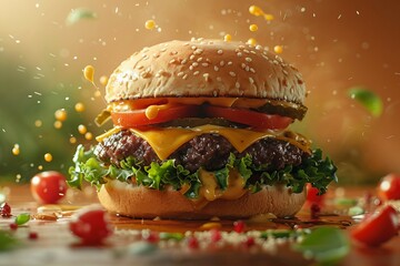 a hamburger with cheese, tomato and lettuce. AI generate illustration
