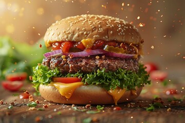 a hamburger on a wooden table. AI generate illustration