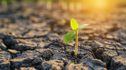 Young plant thriving on cracked earth, symbol of hope and survival, golden sunrise background