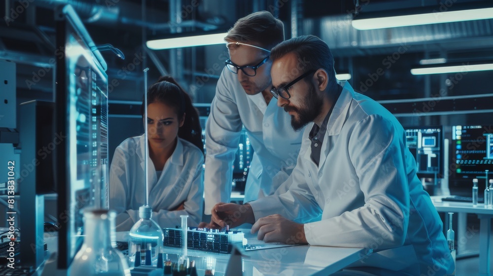 Poster engineer project manager with scientists at electronics research and development facility. diverse t
