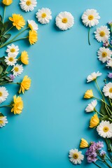 Fototapeta premium Pink Flowers on Blue Background 