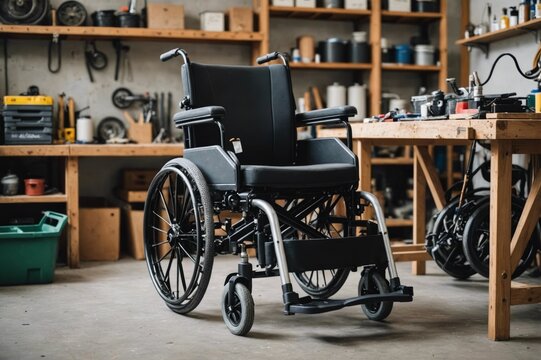 Powered wheelchair in workshop