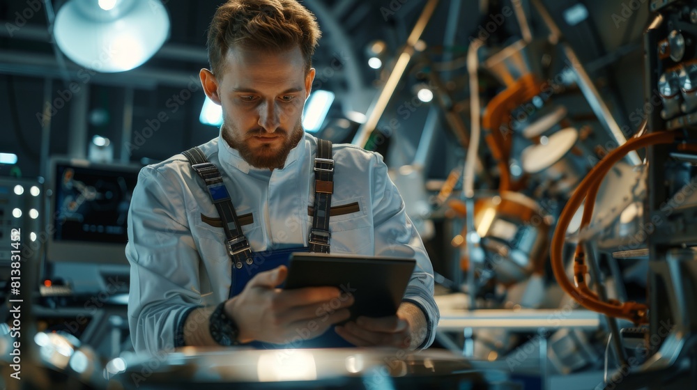 Poster an engineer uses a digital tablet computer to work on satellite construction. aerospace agency: scie