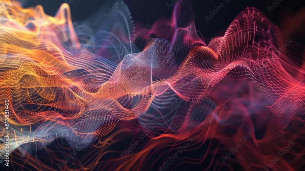 Poster multicolored light waves intertwine in a mesmerizing abstract pattern against a dark backdrop, creat