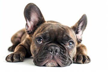 Cute dog puppy laying down, frenchie on white background, looking at camera banner 