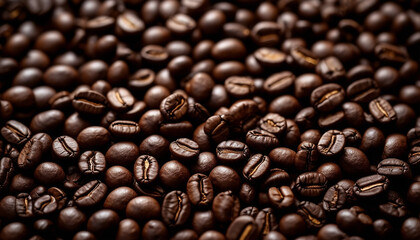 Fototapeta premium roasted arabica coffee beans top view, dark wooden background, copy space for text 