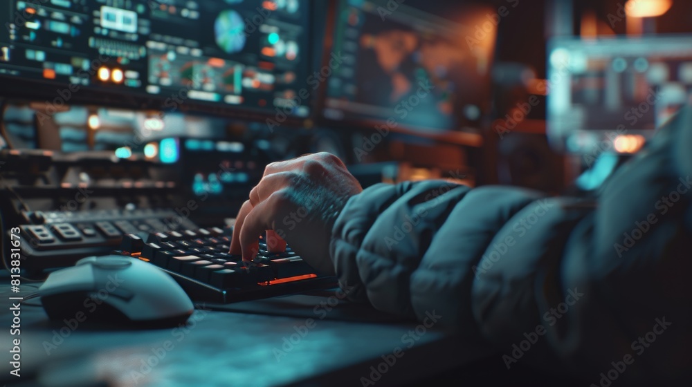 Poster a close-up hands shot of a technical support specialist typing on a keyboard and moving a mouse in a