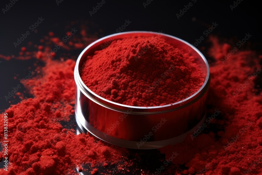 Poster close-up of intense red powder burst with dynamic scattering around a metallic container