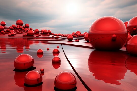 Artistic landscape with shiny red spheres of various sizes on a smooth water surface and dramatic sky - Powered by Adobe