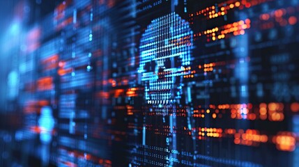Fototapeta premium Digital skull icon symbolizing cybersecurity threats on a binary code background