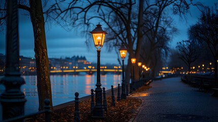 A row of street lamps along the riverbank at night, illuminating trees and walking paths with soft light. The background is a dark blue sky.
