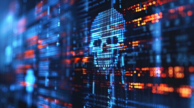 Digital skull icon symbolizing cybersecurity threats on a binary code background