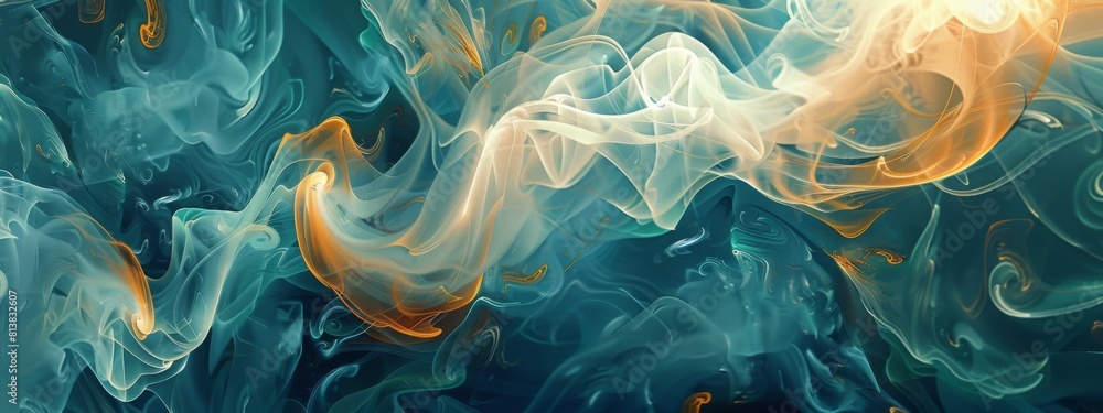 Poster an abstract painting featuring swirling blue and yellow smoke-like shapes, creating a dynamic and vi
