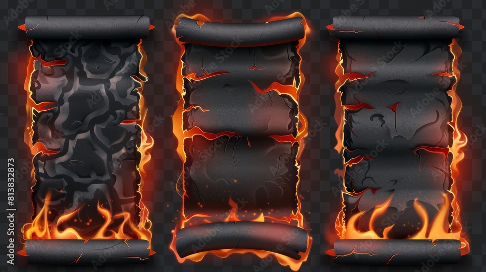 Poster the borders of a burnt page with a smoldering fire on uneven edges, parchment sheets in flames. burn