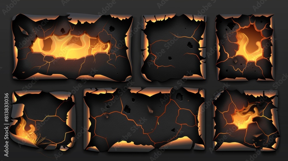 Poster burned frame on transparent background with charred uneven edges. burned border on paper and smolder