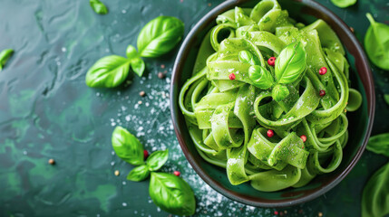 Bowl of vibrant alternative green spinach or pea fettuccine pasta with fresh basil leaves and pepper. Option for for use: culinary, healthy eating, fitness, diets. Copy space.