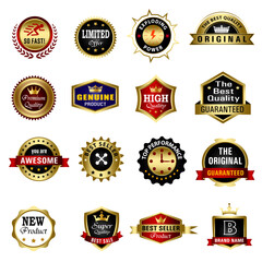 Set of Quality Badges and Labels Design Elements. Golden badge labels and laurel retro vintage collection. Emblem premium luxury logo in retro style template badges collection.