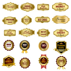 Set of Quality Badges and Labels Design Elements. Golden badge labels and laurel retro vintage collection. Emblem premium luxury logo in retro style template badges collection.