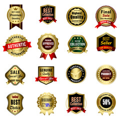 Set of Quality Badges and Labels Design Elements. Golden badge labels and laurel retro vintage collection. Emblem premium luxury logo in retro style template badges collection.