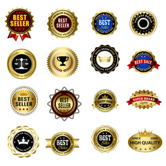 Set of Quality Badges and Labels Design Elements. Golden badge labels and laurel retro vintage collection. Emblem premium luxury logo in retro style template badges collection.
