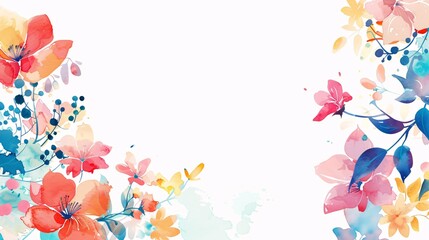 floral backdrop decorated with gorgeous multicolored blooming flowers and leaves border. floral background with copy space, Spring botanical flat vector illustration on white background