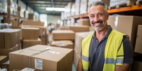 A middle-aged man working in a warehouse sending parcels with boxes. Generative AI.