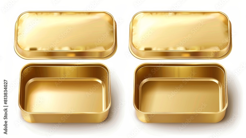 Poster modern realistic mockup of a rectangular metal container for fish and tuna with open and closed lid.