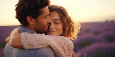 A young couple hugs in a lavender field. Family posing in nature. Generative AI.