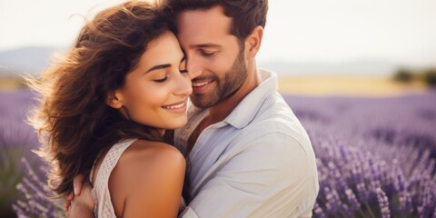 Fototapeta premium A young couple hugs in a lavender field. Family posing in nature. Generative AI.