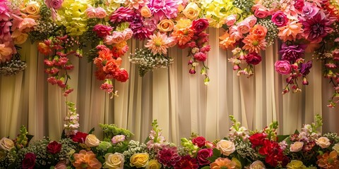 Fototapeta premium Create an Enchanting Wedding Backdrop with Exquisite Flowers to Set the Magical Ambiance. Concept Wedding Backdrop, Enchanting Flowers, Magical Ambiance
