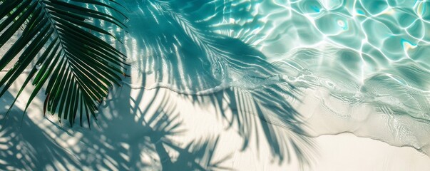 Shadow of palm leaves on white sand beach. Beautiful abstract background concept banner for summer vacation at the beach