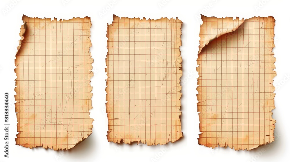 Aufkleber embossed empty notepad papers pieces isolated on white background. ragged lined and checkered blank 