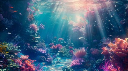 Sunbeams pierce the oceans surface, illuminating a colorful coral reef teeming with marine life.