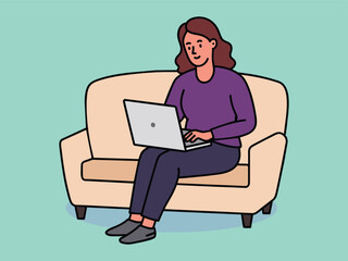 girl with laptop sitting on the sofa. Freelance or studying concept. Cute illustration in flat style.