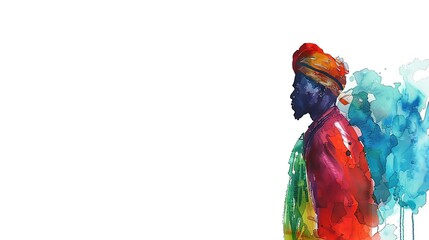 Fulani West Africa Man, Minimalistic watercolor, on a white background, cute and comical with empty copy space.